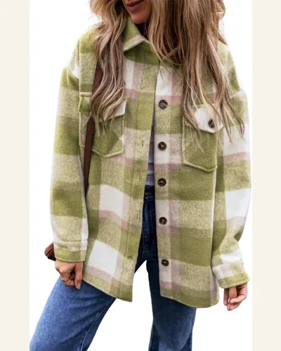 Shacket Jacket Casual Sage Green Plaid Print Buttoned, view 1