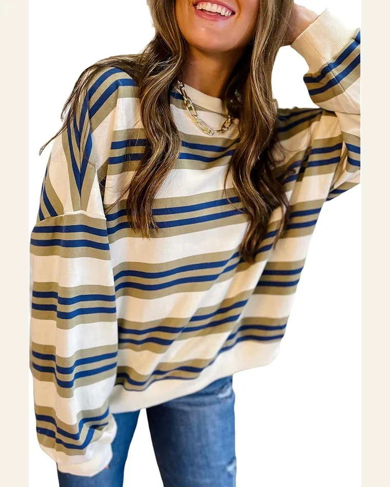 Oversized Sweatshirt Striped Crewneck Long Sleeve Shirts Casual by SELINK