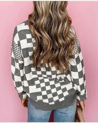 Crewneck Sweaters Long Sleeve Checkered Loose Knitted Pullover, view 2