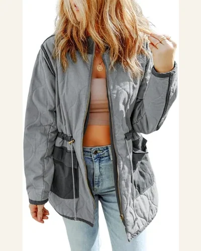 Shacket Jacket Basic Stitching Quilted Drawstring Jacket Solid, view 4