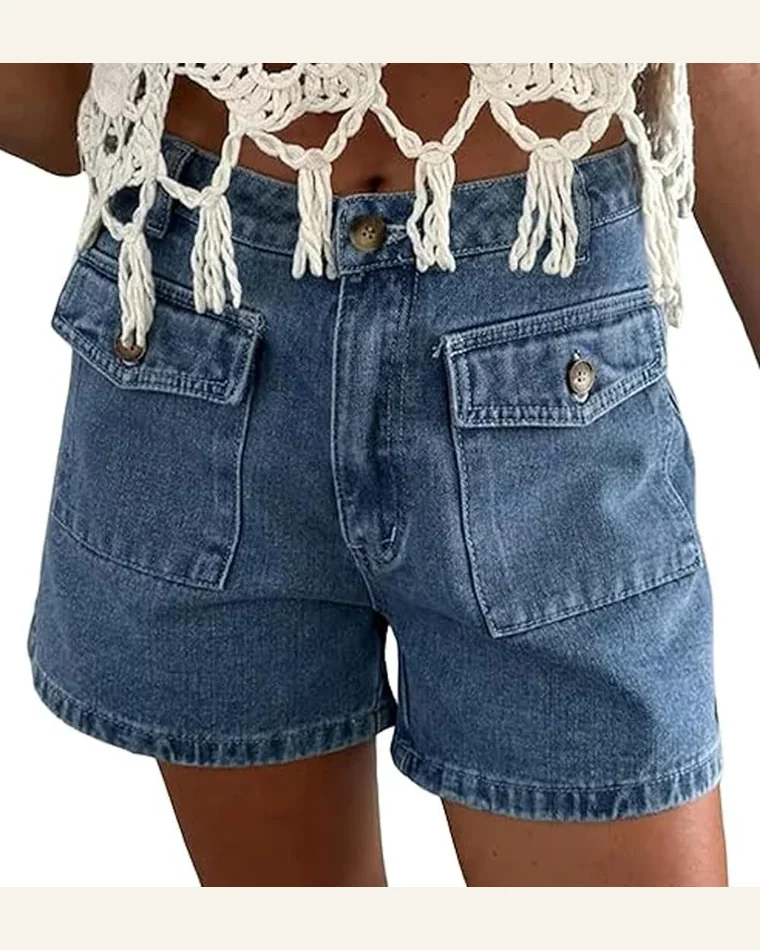 Casual Loose Dusk Blue Flap Pockets Denim Shorts by SELINK