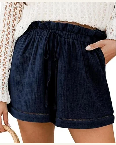 Casual Blue Cotton Gauze Paperbag Shorts Knot High, view 1