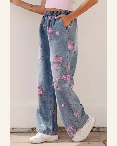 High Waisted Jeans Beau Blue Floral Elastic Waist, view 3