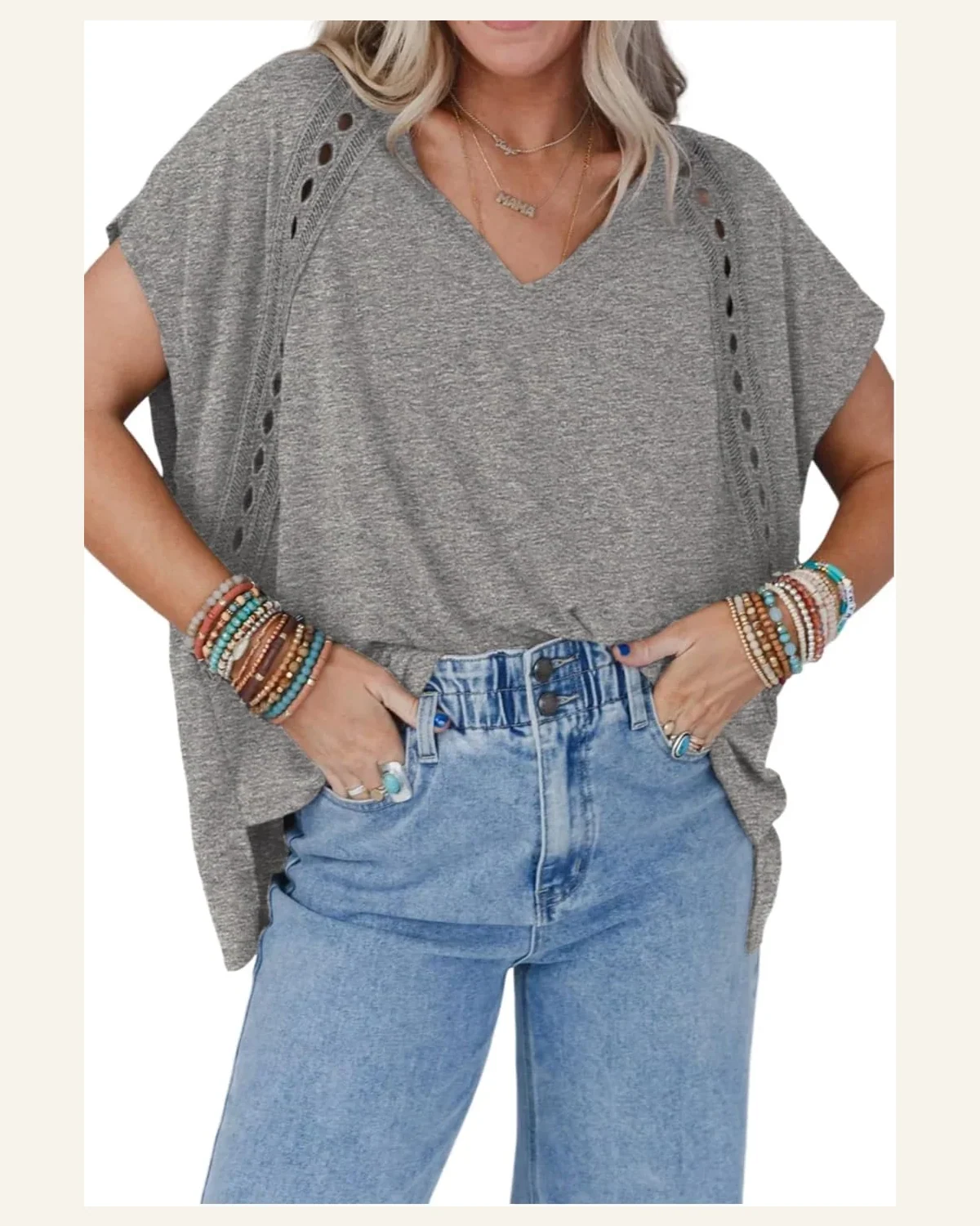 Short Sleeve T Shirt Casual Gray Crochet Lace by SELINK