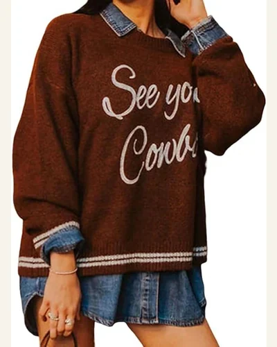 See You Cowboy Pullover Sweater Tops Embroidered Graphic, view 1