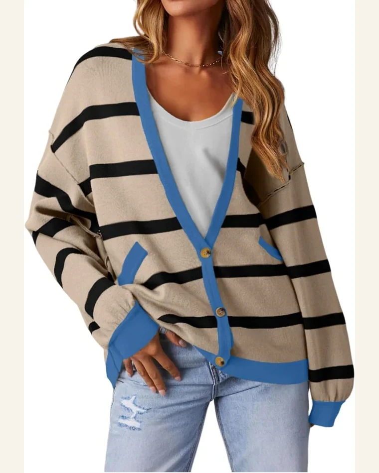 Cardigan Sweater Casual White Colorblock Drop Shoulder Buttoned by SELINK