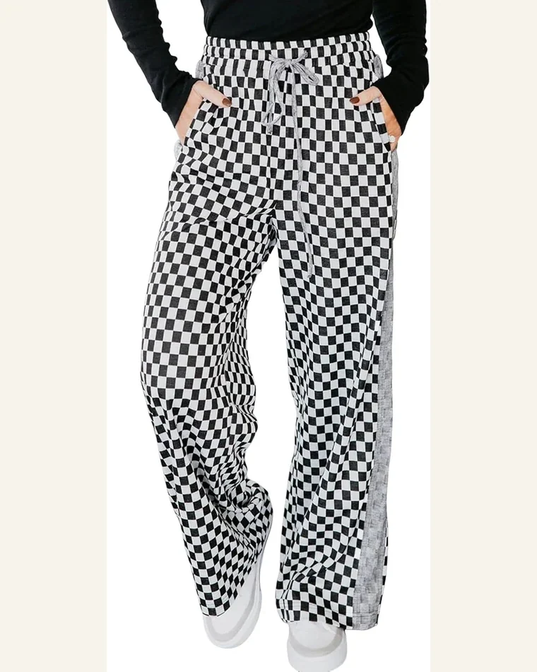 Casual White Checkerboard Pants Drawstring Elastic Waist Pants by SELINK