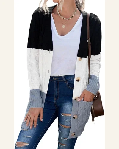 Cardigan Sweater Casual Black Colorblock Button Pocket Knit, view 1