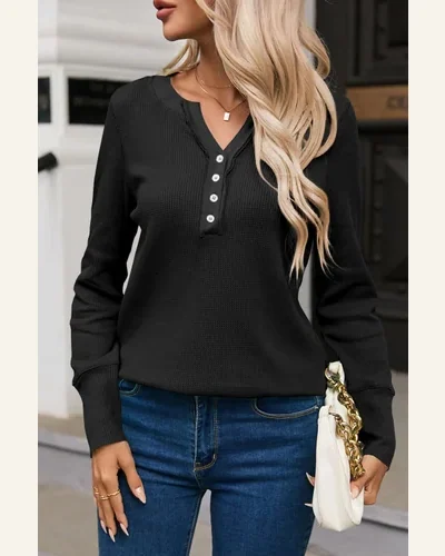 Tunic Tops Casual Black Trimmed Neckline Waffle Knit, view 4