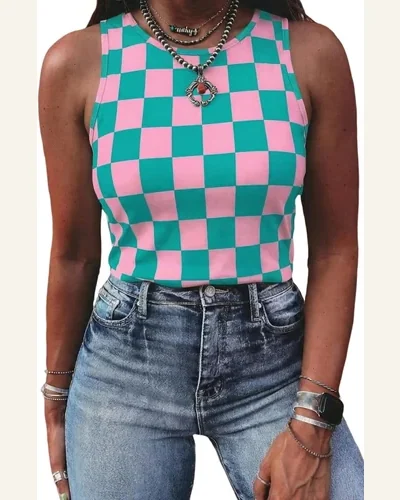 Checkerboard Printed Slim Fit Summer Tank Tops, view 4