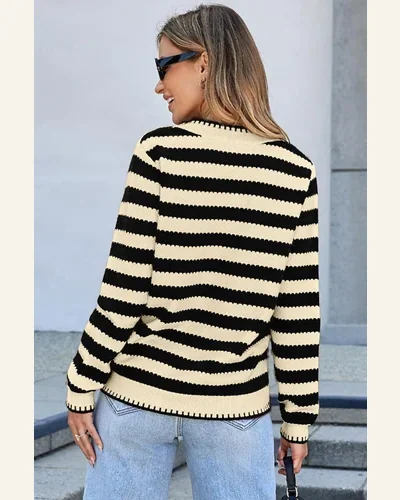 Casual Apricot Stripe Cardigan Sweater Golden Button Cardigan, view 2