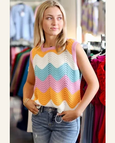 Tank Tops Casual Multicolour Striped Scalloped Hem Knitted, view 3