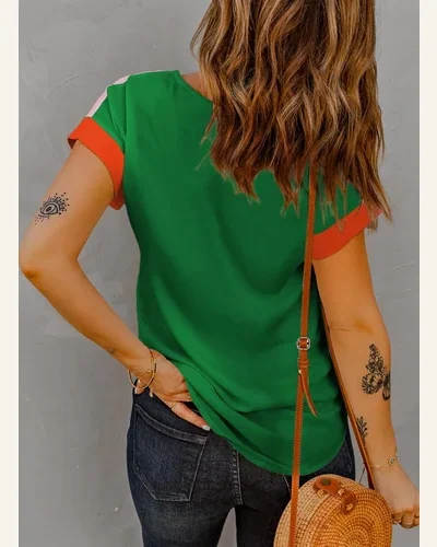 Short Sleeve T Shirt Casual Rose Red Contrast, view 2