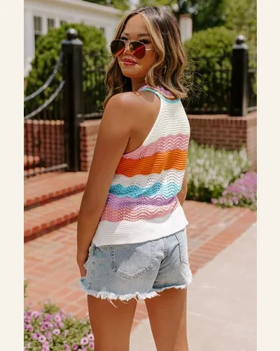 Casual Multicolour Wavy Striped Print Textured Knit Sweater, view 2