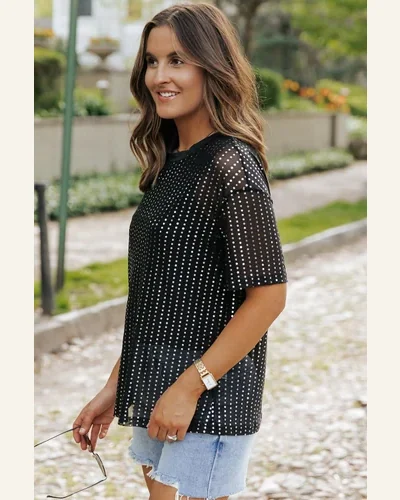 Short Sleeve T Shirt Casual Black Sequin Drop, view 3