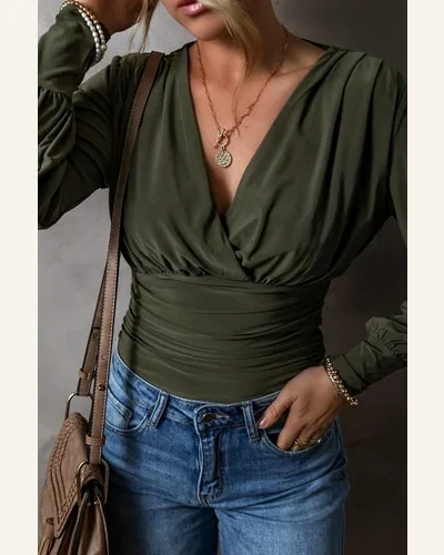 Bodysuit Elegant Moss Green Ruched Wrap V Neck, view 4