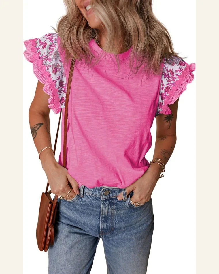 Summer Ruffle Short Sleeve Top Crewneck T Shirts by SELINK