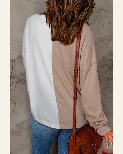 Tunic Tops Casual Khaki Colorblock Long Sleeve Crew, view 2