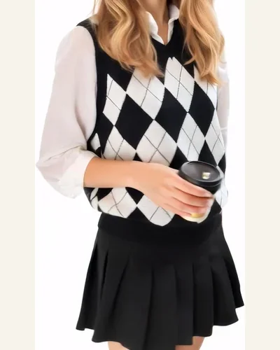 Boys Girls V Neck Argyle Knit School Uniform Top, view 2