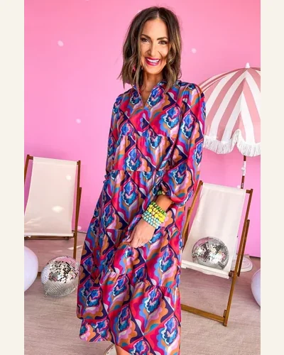 Fall Dresses Casual Abstract Geometric Print Long Sleeve, view 3