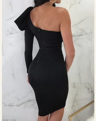 Cut Out Bow Knot One Shoulder Elegant Bodycon Dress, view 2