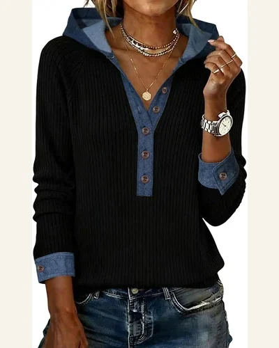 Textured Knit Patchwork Long Sleeve Tunic Top, view 1