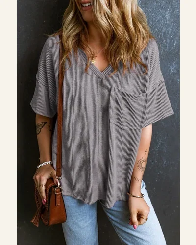 Short Sleeve T Shirt Casual Light Grey Corded, view 4