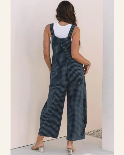 Casual Loose Sail Blue Plaid Print Buttoned Pocketed Jumpsuit, view 2