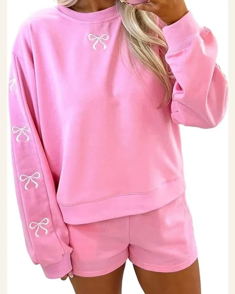 Casual Light Sachet Pink Bow Embroidered Puff Sleeve Sweater by SELINK
