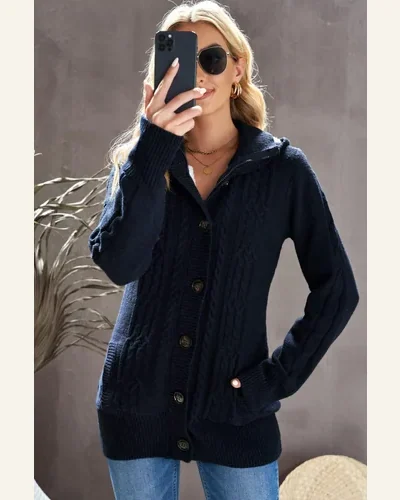 Cardigan Sweater Casual Navy Blue Long Sleeve Button-up, view 2