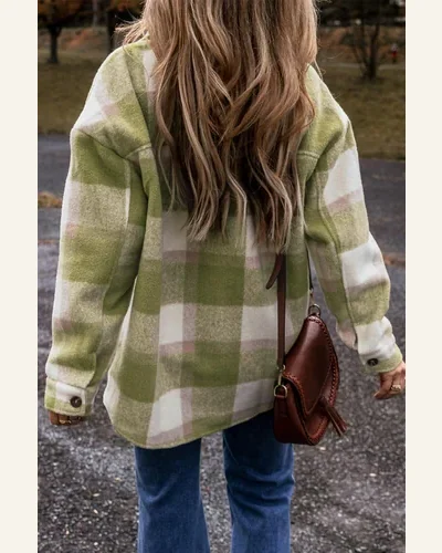 Shacket Jacket Casual Sage Green Plaid Print Buttoned, view 2