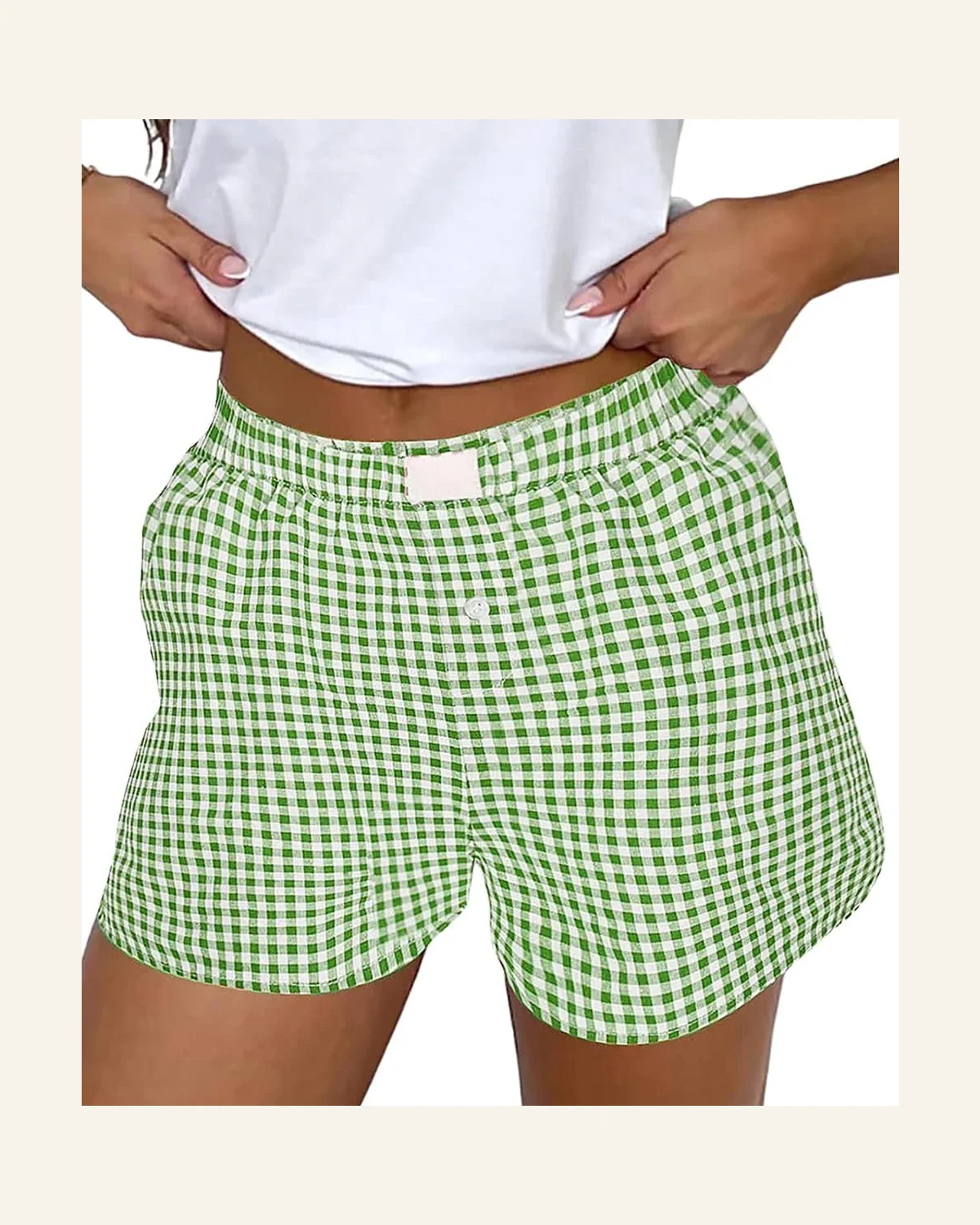 Casual Green Plaid Shorts Gingham High Waist Elastic by SELINK