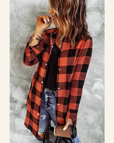 Shacket Jacket Casual Fiery Red Turn-down Collar Plaid, view 2