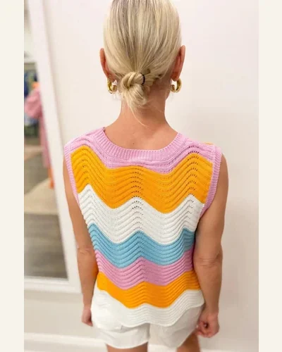 Tank Tops Casual Multicolour Striped Scalloped Hem Knitted, view 2