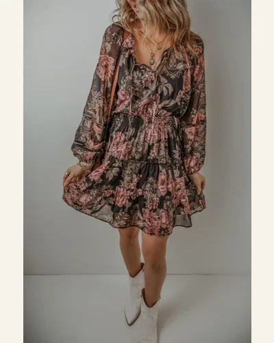Fall Dresses Boho Black Vintage Floral Puff Sleeve, view 4