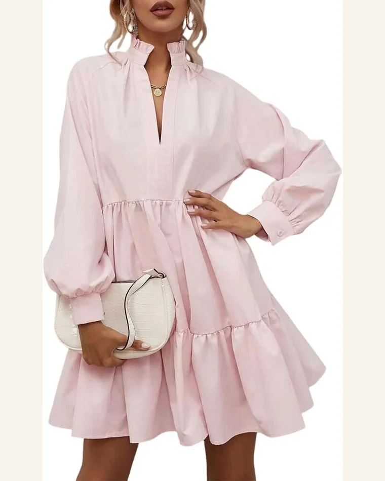 Fall Dresses Elegant Pink Frilled Stand Collar Long by SELINK