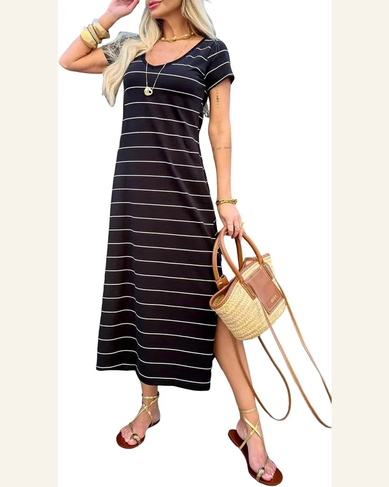 Casual Loose Black Stripe Side Slit Maxi Top by SELINK