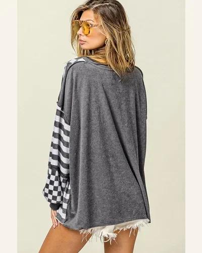 Tunic Tops Casual Dark Grey Checkerboard Striped Patchwork, view 2
