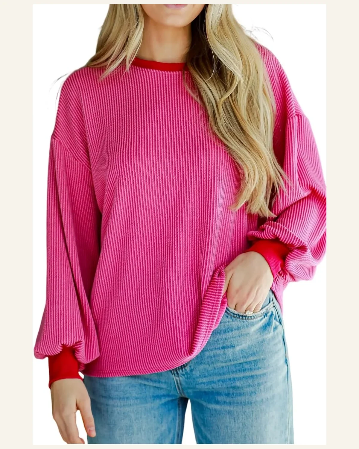 Tunic Tops Casual Bright Pink Corded Contrast Edge by SELINK