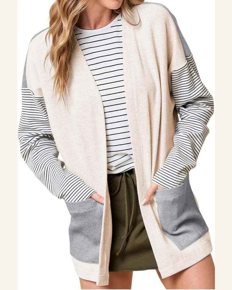 Cardigan Sweater Casual Black Stripe Colorblock Patchwork Open by SELINK
