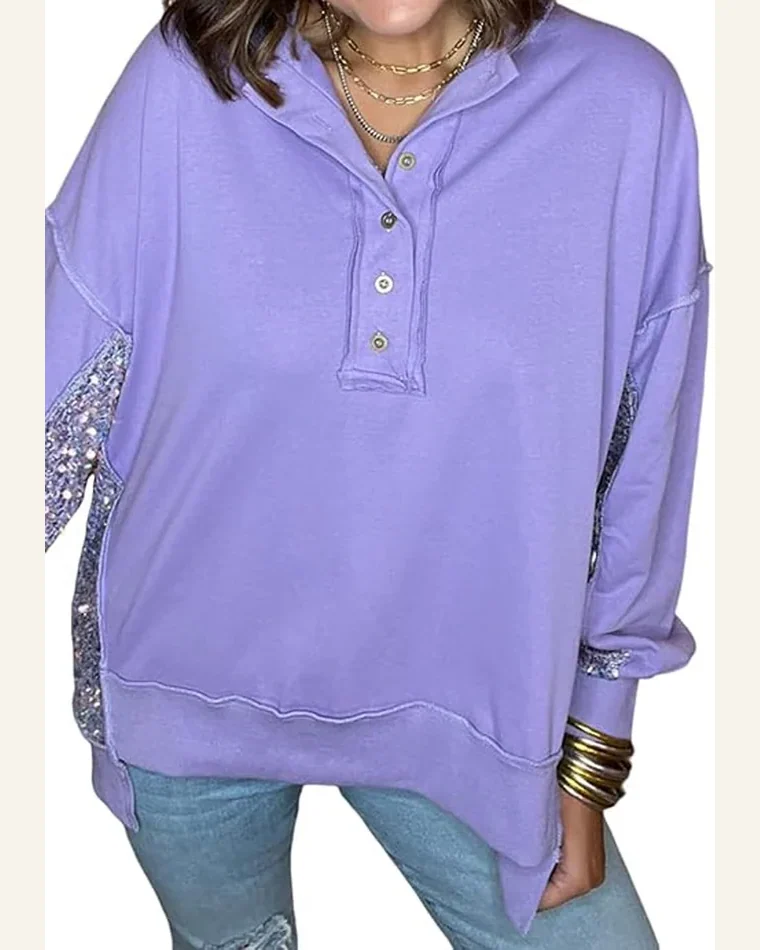 Casual Lilac Sequin Patchwork High Low Hem Henley Top by SELINK