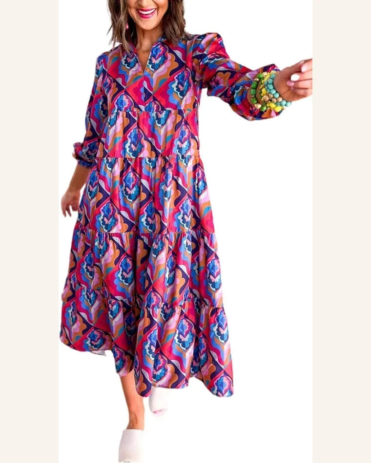 Fall Dresses Casual Abstract Geometric Print Long Sleeve by SELINK