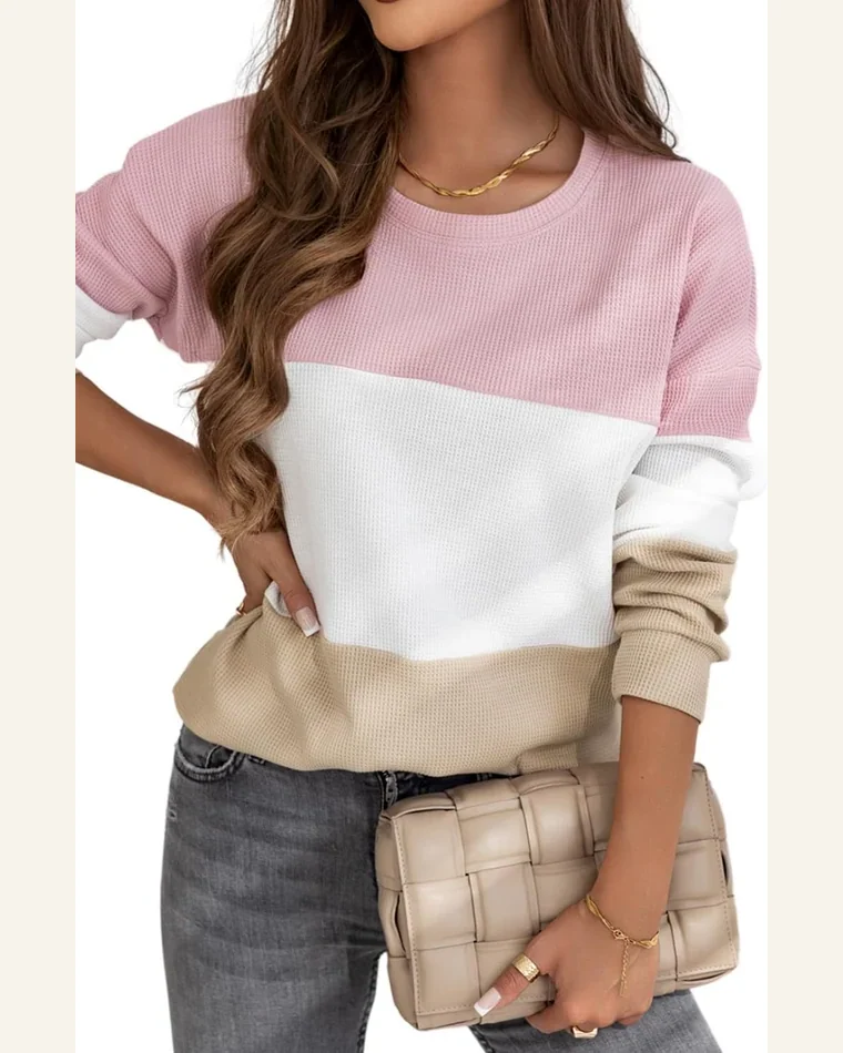 Tunic Tops Casual Pink Colorblock Waffle Knit Long by SELINK