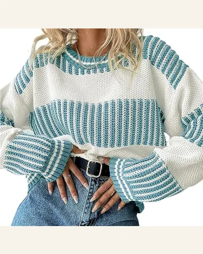 Casual Light Blue Striped Patchwork Drop Shoulder Loose Sweater, view 1
