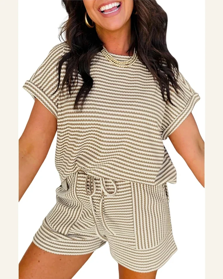 2 Piece Outfits Summer Textured Crewneck T Shirts by SELINK