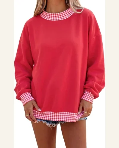 Oversized Colorblock Sweatshirt Cozy Contrast Plaid Trim High, view 2