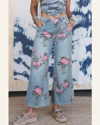 High Waisted Jeans Sky Blue Garden Floral Bootcut, view 3