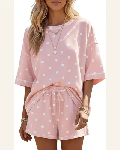 Polka Dot 2 Piece Outfits Casual Short Sleeve, view 4