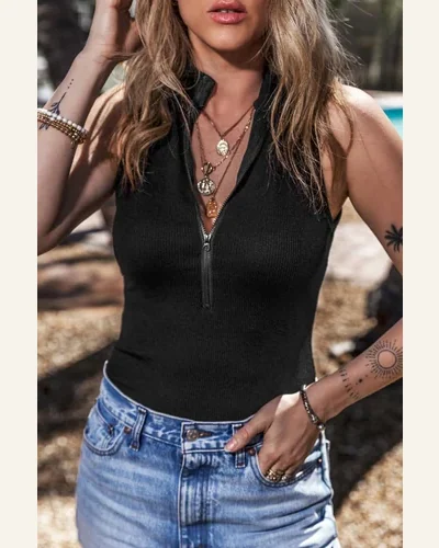 Bodysuit Casual Zip up Mock Neck Ribbed Sleeveless, view 3