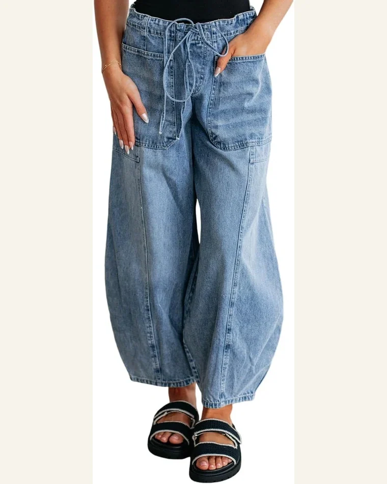 Casual High Waisted Jeans Pocket Drawstring Paperbag Waist by SELINK